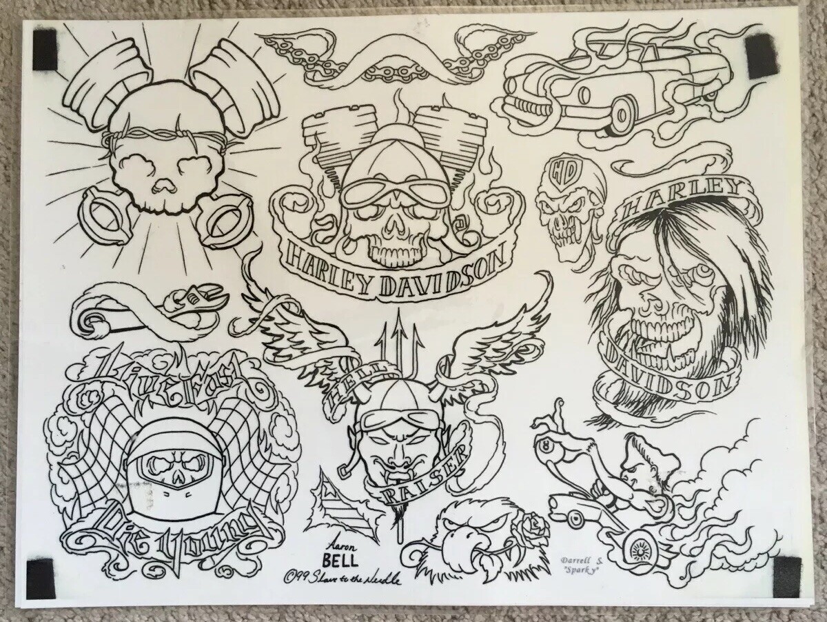 Tattoo Studio Shop Flash Single Sheet Harley-Davidson Skulls Demon
