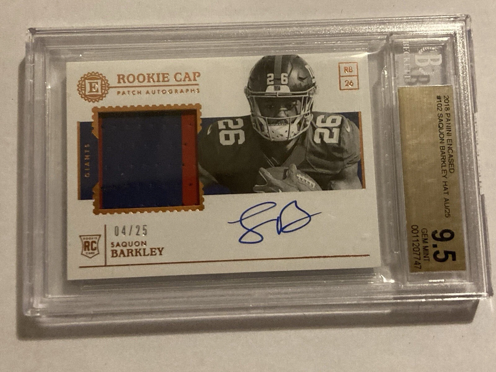 Saquon Barkley Panini Encased #102 Rookie Cap Patch Autographs