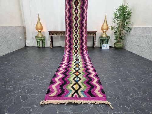 Moroccan Boujaad Handmade Rug 2'3"x13'4" Berber Geometric Purple Black Wool Rug - Picture 3 of 12