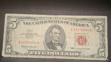 1963 $5 Red Seal U.S. Note -United States Five Dollar Bill Circulated But Nice 