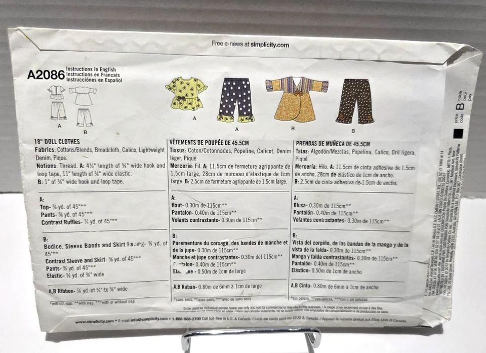 Simplicity It's So Easy #A2086 18" Doll Clothes Top Pants Bodice Skirt Cut - Image 3 of 4