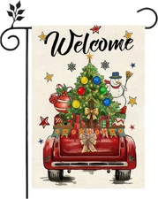Winter Christmas Garden Flag, Red Truck with Holiday Elements, 12X18 Inches, Dou