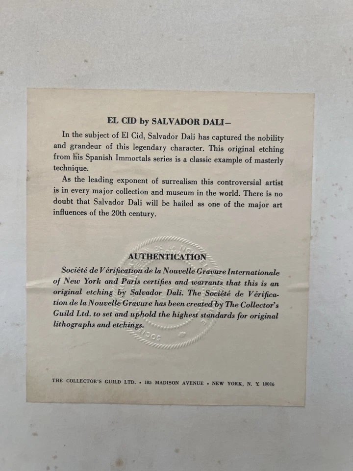 Salvador Dali "El Cid" Original Etching Framed Surrealism Spanish Immortals COA - Image 3 of 4