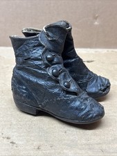 Antique Child's Tall Black Leather Button Boot Shoes Textile all buttons intact