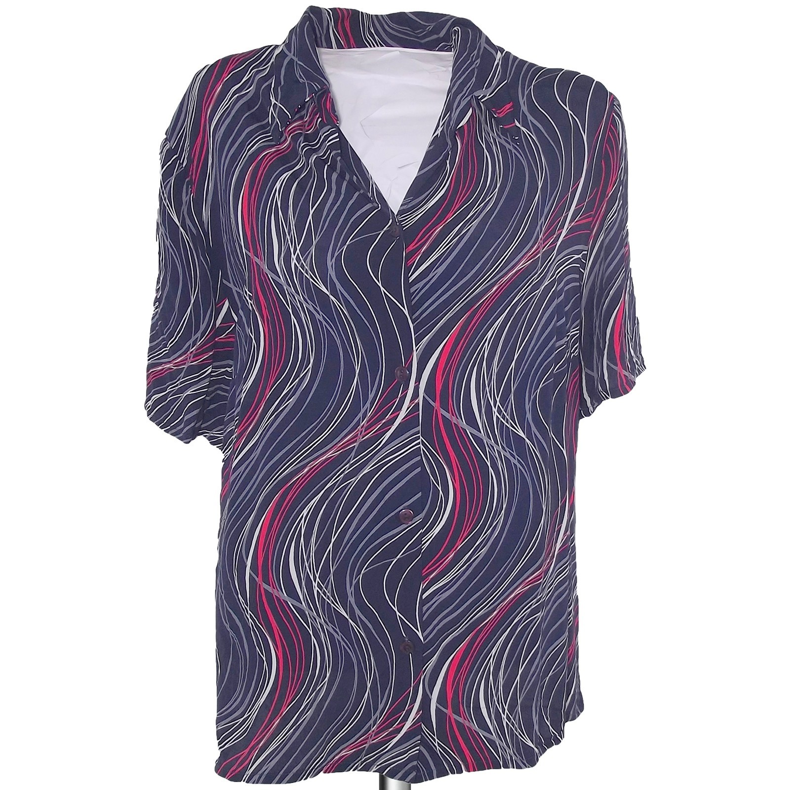 Womens Blue Shirt Blouse Size XL Short Sleeve Vintage 80s With Top Lines