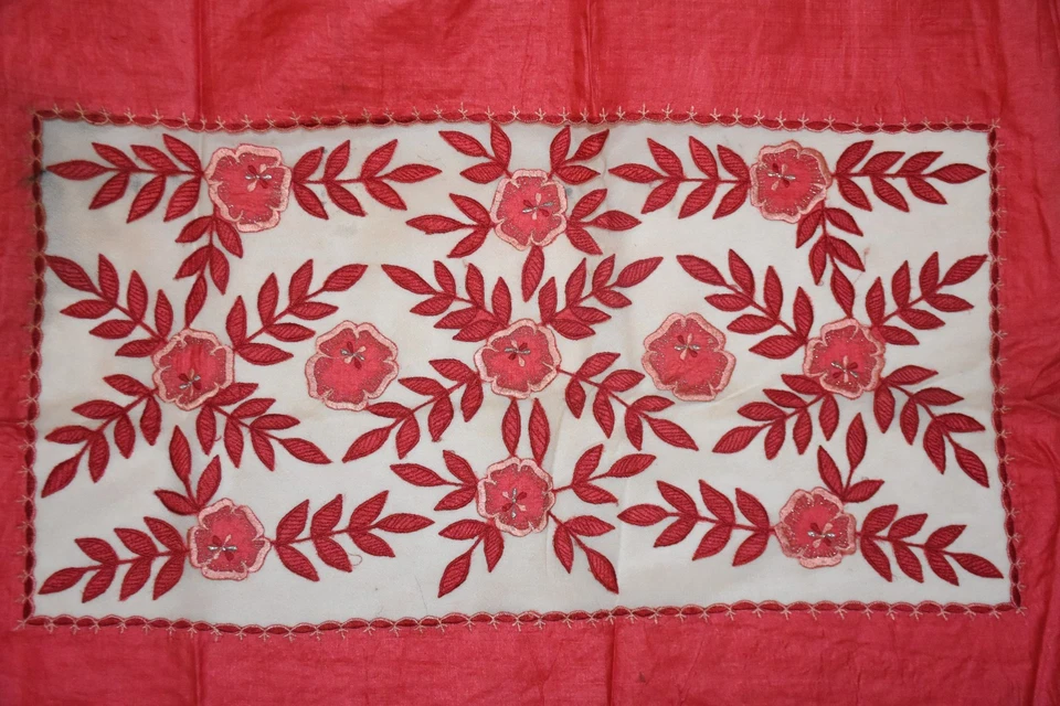 Sari Exótico Diseño Floral Lentejuelas Corte Bordado Trabajo Rojo Pura Seda Foto 4 de 4