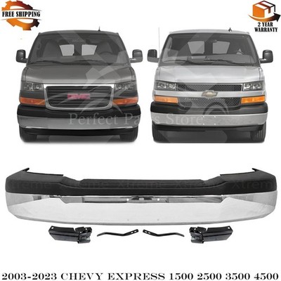 Front Bumper Chrome & Brackets Kit For 2003-2023 Chevrolet Express / GMC Savana