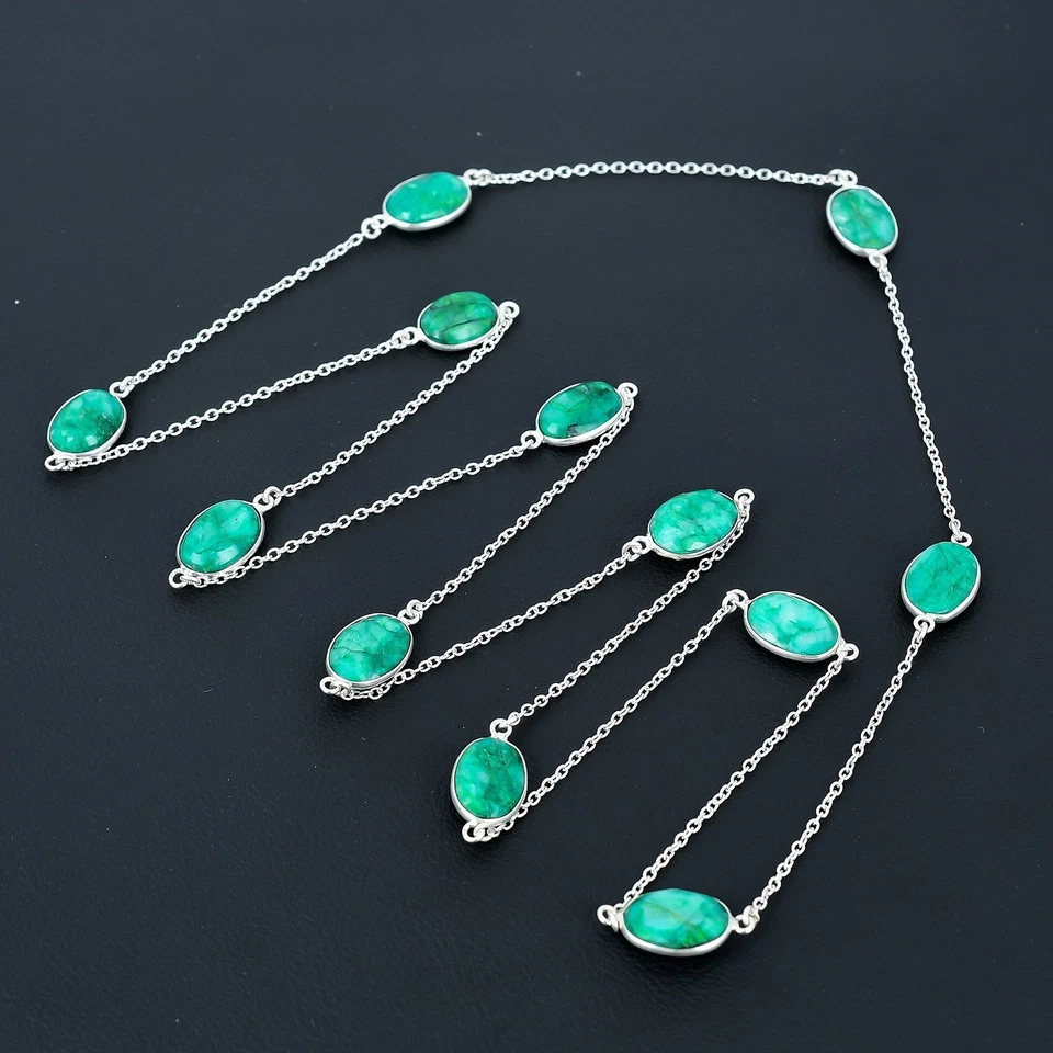 Zambia Esmeralda (Simulada) Ovalada Piedras Preciosas 925 Collar de Plata... - Imagen 3 de 4
