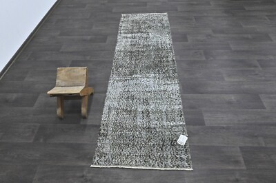 Vintage Turkish Runner Rug 2x7ft Wool Anatolian Handmade Hallway Oushak GRAY