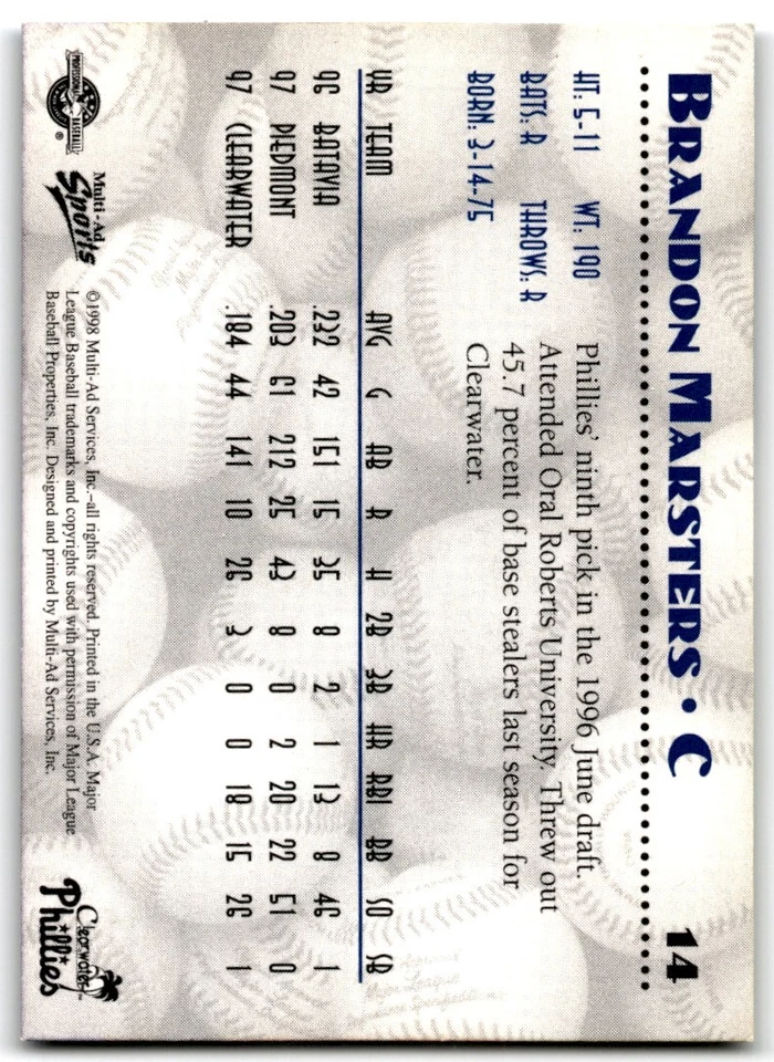 1998 MULTI-AD CLEARWATER PHILLIES BRANDON MARSTERS CLEARWATER PHILLIES #14 - Image 2 of 2