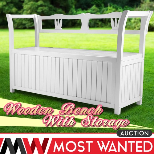 Garden Storage Bench Box Wood White Wooden 2 Seats Outdoor Patio Furniture