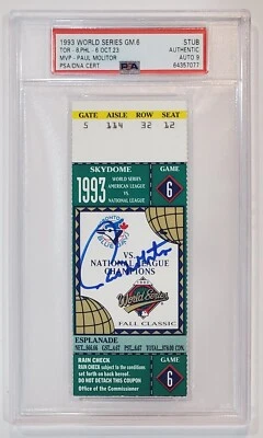 PAUL MOLITOR Signed 1993 World Series Gm 6 Ticket Stub PSA 9 Auto Grade PSA/DNA - Image 1 of 2
