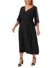Msk Plus Size Surplice-Neck Rhinestone-Sleeve Dress - Black - SZ 3X
