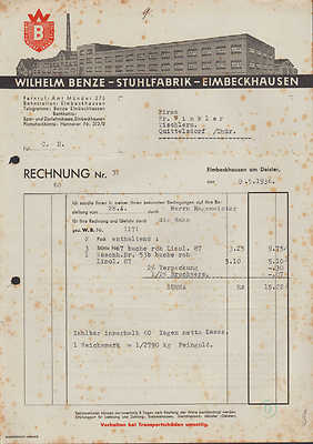 EIMBECKHAUSEN, Rechnung 1936, Stuhl-Fabrik Wilhelm Benze