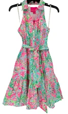 LILLY PULITZER Trisha  Stretch Shirtdress  Bali Blue Button & Tie Waist -Size 00