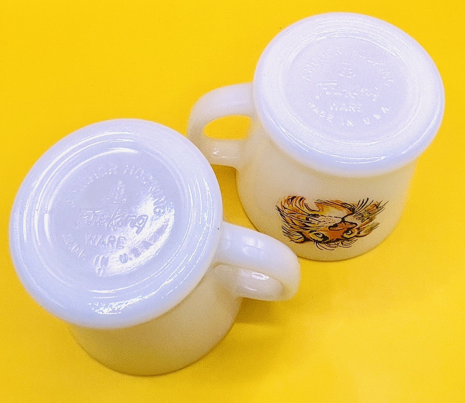 4 Vintage Anchor Hocking FireKing Milk Glass Coffee Cups w/Exxon Tiger