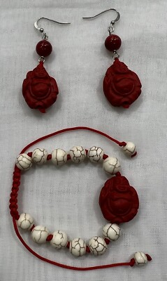 Handmade + Knotting Unique Jewelry Set with Cinnabar Happy Buddha, Turquoise