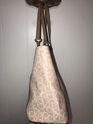 Calvin Klein CK Monogram Print Travel Tote Shoulder Bag Purse Pink  