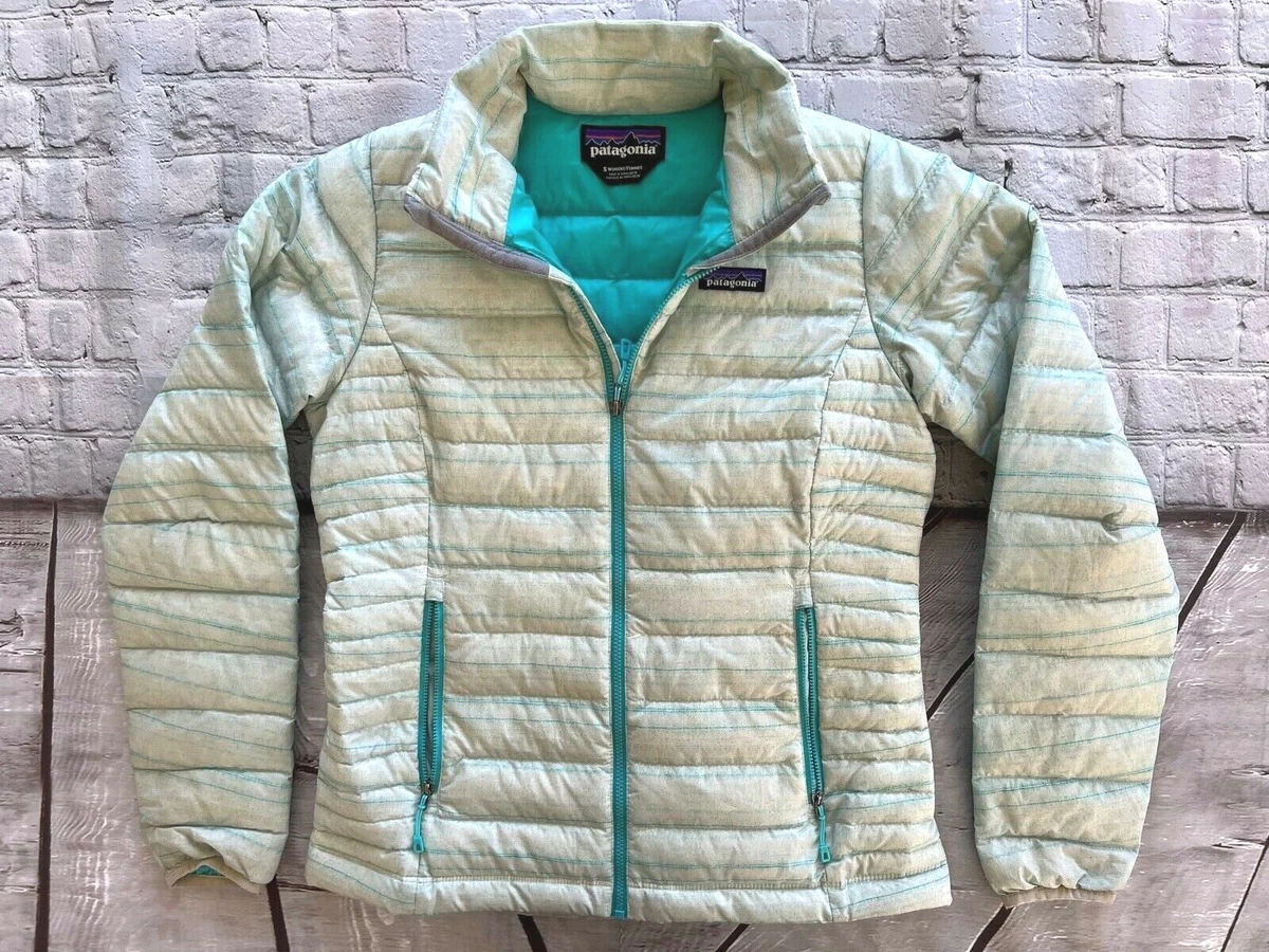 Womens PATAGONIA Blue Striped Goose Down Puffy Sweater Zip Jacket Small $229