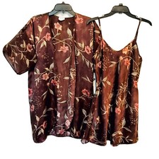 Secret Treasures Womens Small Brown Floral Satin Chemise Nightgown Robe Set