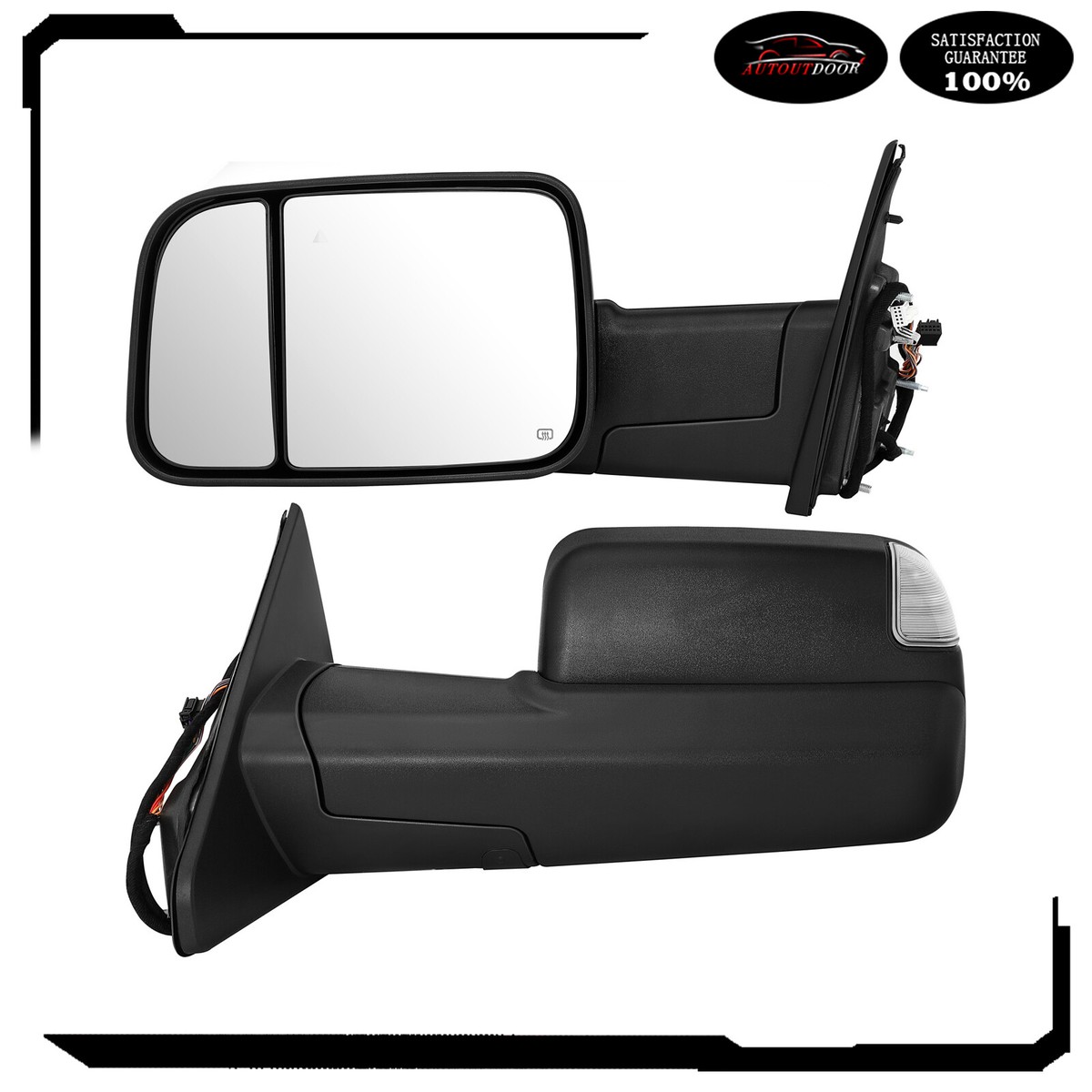 Power Heated Tow Mirrors W/ Puddle Light & Temp Sensor For 2019-2022 Dodge Ram 1500 (Pair, Black)