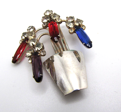 Sterling Silver Post WWII Ladies Brooch with Clear, Red, Blue, & Purple Accents