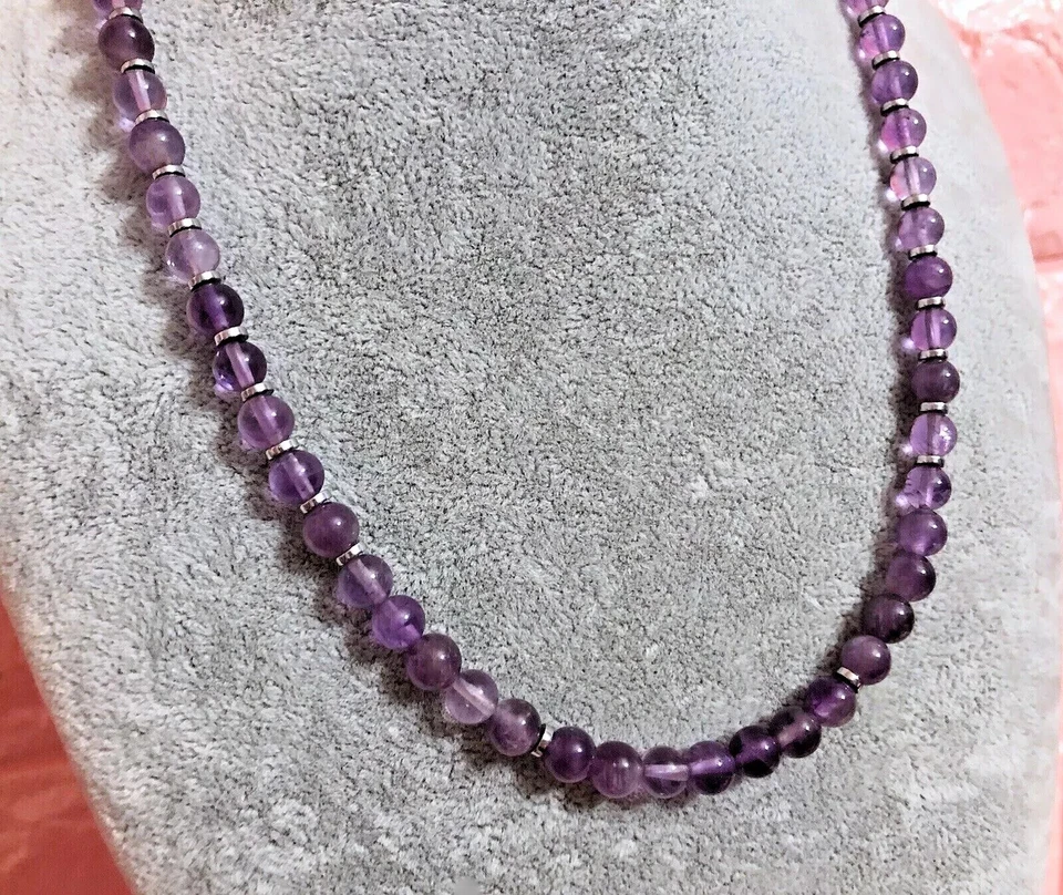 Collana Girocollo Uomo Pietra Naturale Ametista viola glicine lilla Ematite 6mm - Immagine 2 di 4