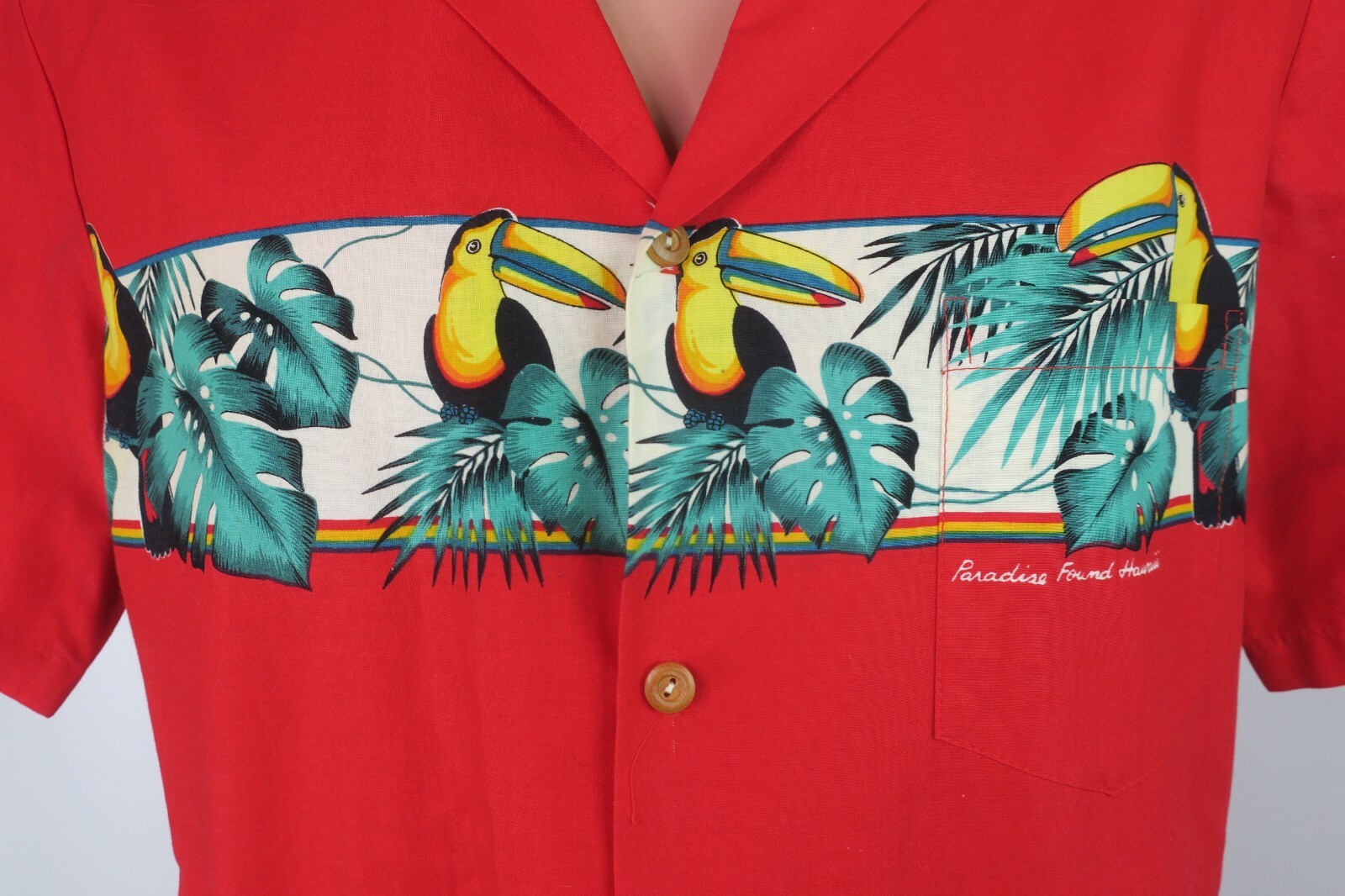 Red Vintage Tom Selleck Magnum P.I. Hawaiian Toucan PARADISE FOUND Button Up L