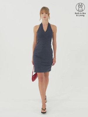 Oglmove Soft Stretch Cotton Halter Neck Polka Dot Mini Bra Dress Limited Edition