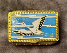 Vintage Cobalt Blue Gilt Cloisonne Pill Box Flying Crane Bird Tiny Trinkets