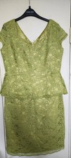 Olive Green Lace Peplum Dress with Cap Sleeves and Satin Lining Size UK 16