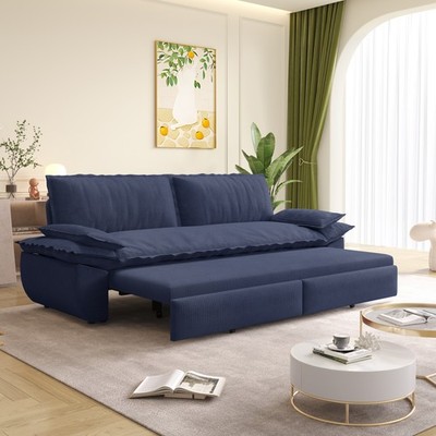 Corduroy Convertible Sofa Bed 3-in-1 Loveseat Sofa 2 Seater w/ Pull-Out Bed Blue