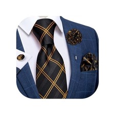 Silk Ties for Men Necktie and Lapel Pin Brooch Set Formal Woven Black and Gold