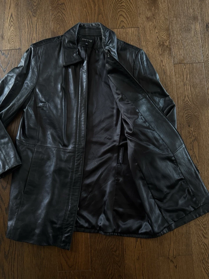 Abrigo Anne Klein de cuero negro grande para mujer - 100 % piel de cordero genuina Foto 4 de 4