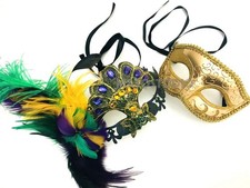 Mardi Gras Masquerade Ball Mask Pair Peacock Lace Feather Carnival Parade Party