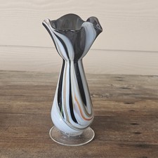 Vintage Hand Blown Art Glass Black White Swirls Ruffle Top Bud Vase 7.5"