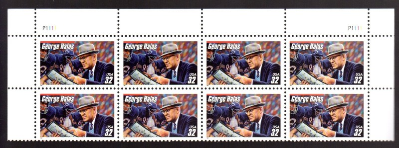 US Scott # 3150 GEORGE HALAS, Football Coach (1997) PB strip of 8 MNH 32¢ stamps