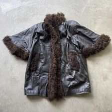 Vintage Tibetan Lamb Fur Trim Leather Coat Oversized Black Leather Size Large