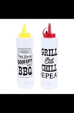 2 Clear BBQ Squeeze Bottle Condiment Dispensers 14oz Ketchup and Mustard