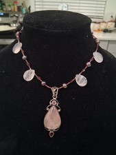 Rose Quartz / Garnet drop necklace Sterling Silver  With Peacock Pearls Vintage 