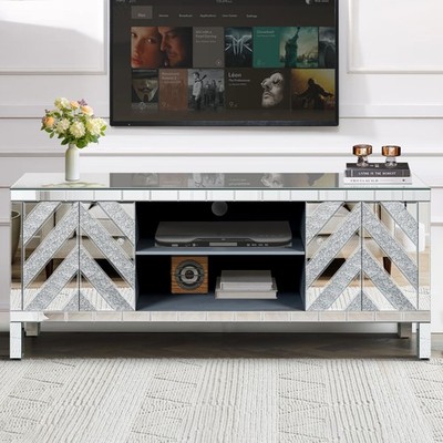 Mirrored TV Stand for 65+ inch TV,Sliver TV Console Table with Open Storage &