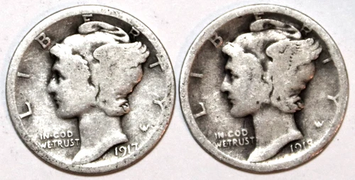 (2) Mercury Dimes - 1917S(Good) 1918S(Good) - #0958ED - FREE SHIPPING