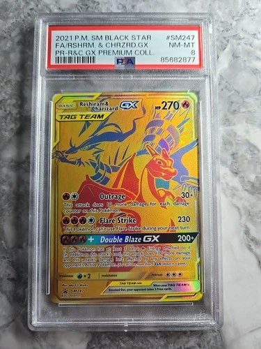 2021 POKEMON SM BLACK STAR PROMO #SM247 FULL ART/RESHIRAM & CHARIZARD GX PSA 8