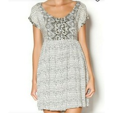 Free People Bohemian Short Sleeve Button Lined Tunic Mini Dress Olive Ivory Sz M