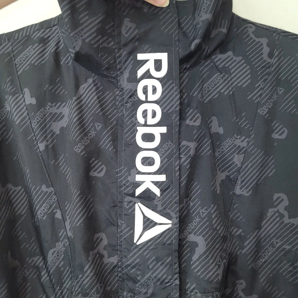 Reebok Black Windbreaker Jacket Full Zip Outerwear Geometric Camo Print Womens L - image 2 of 4