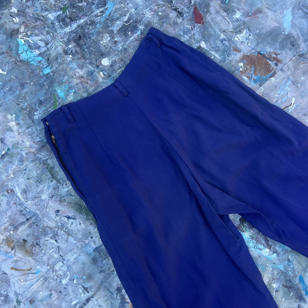 Vintage 1940s Navy Blue Cotton Twill Pants High Waist Side