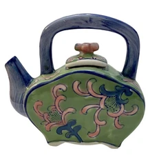 Vintage Ben Rickert Tea Pot Flat-Sided Green Blue Pink w/Lid Hand Painted Signed