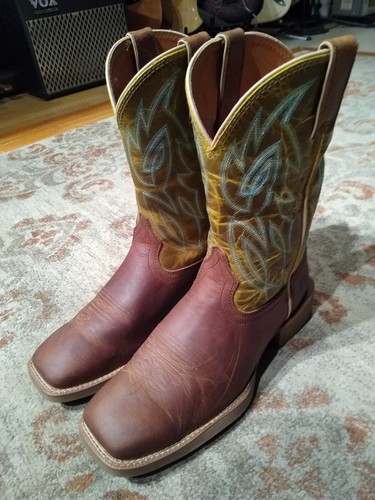 JUSTIN CANTER BROWN & GREEN LEATHER SQUARE TOE COWBOY BOOTS #SE7515 MEN'S 10.5D