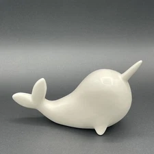 Ceramic Narwal Whale White Figurine 8”