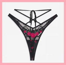 NEW Victoria's Secret FOR LOVE  LEMONS Roja Thong Panty Black Rose Strappy S